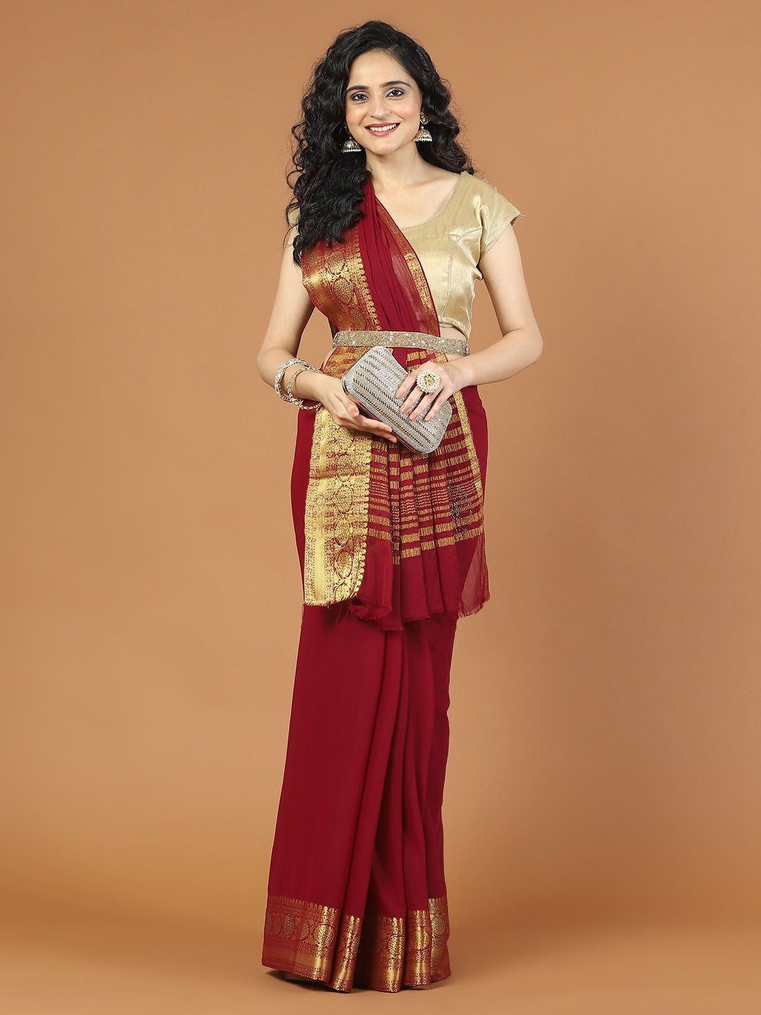 

Meena Bazaar Solid Woven Design Zari Saree, Burgundy