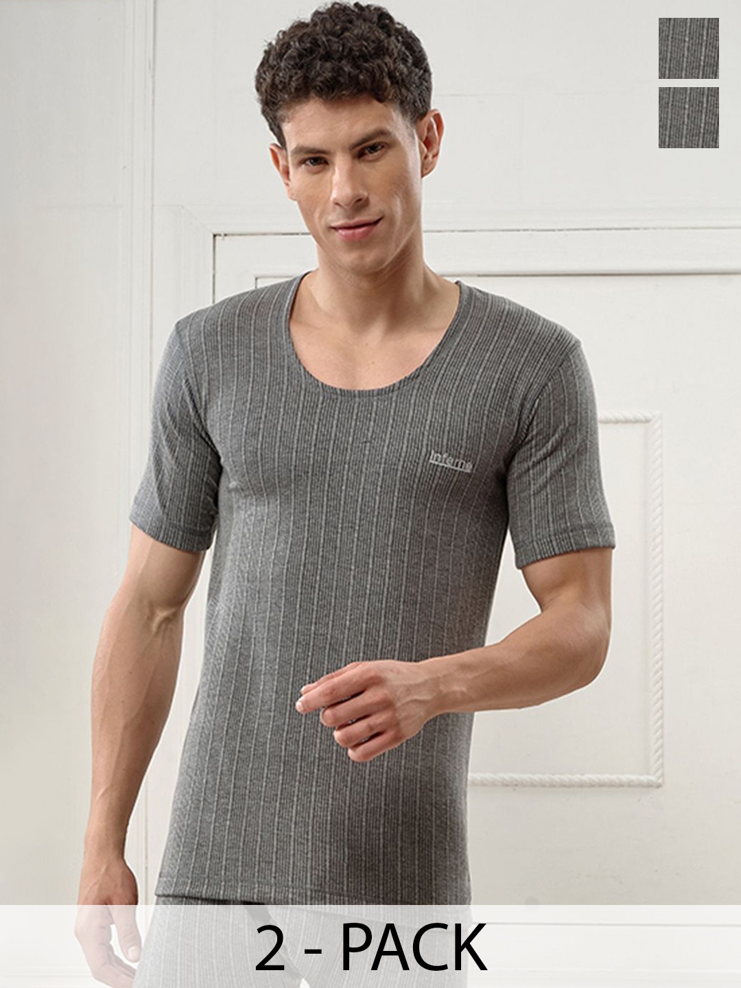 

Inferno Pack Of 2 Polycotton Round Neck Half Slevees Thermal Vests, Charcoal