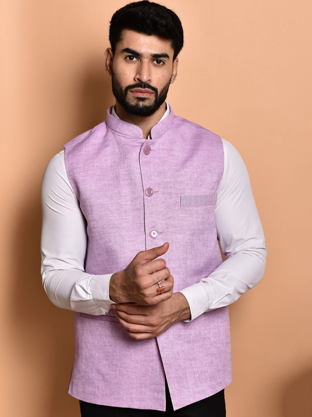 

PRINTCULTR Textured Woven Nehru Jacket, Lavender