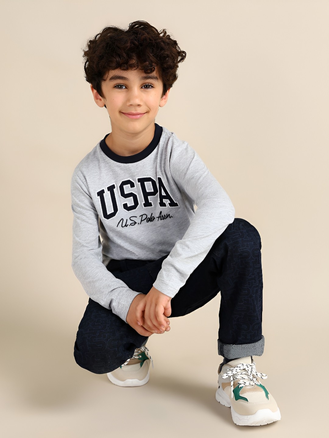 

U.S. Polo Assn. Kids Boys Brand Logo Printed Round Neck Cotton T-shirt, Grey