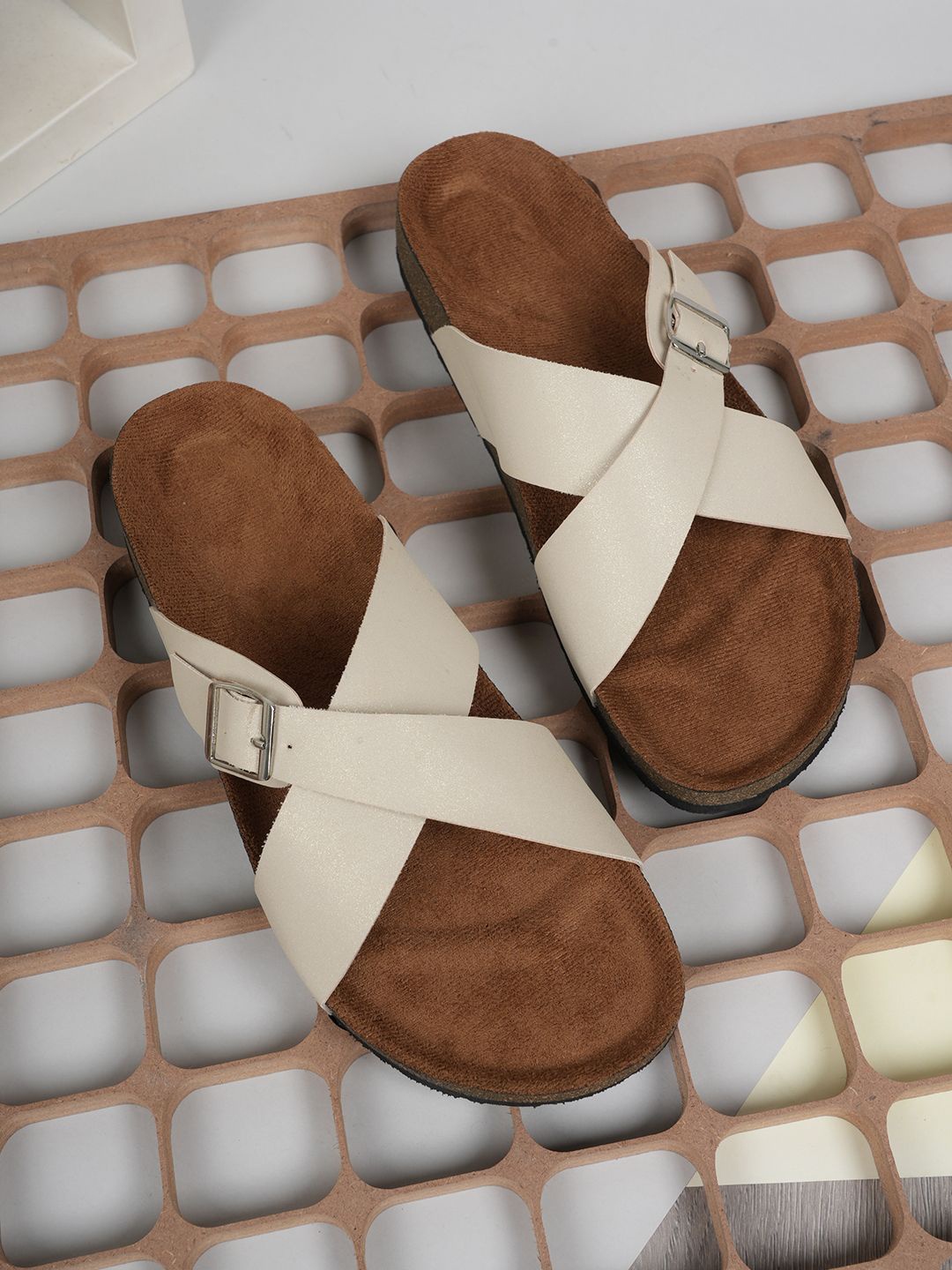 

MOZAFIA Women Open Toe Flats, Cream