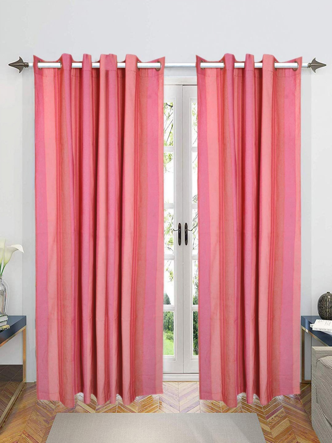 

Saral Home Pink & Brown 2 Pieces Striped Room Darkening Cotton Long Door Curtain