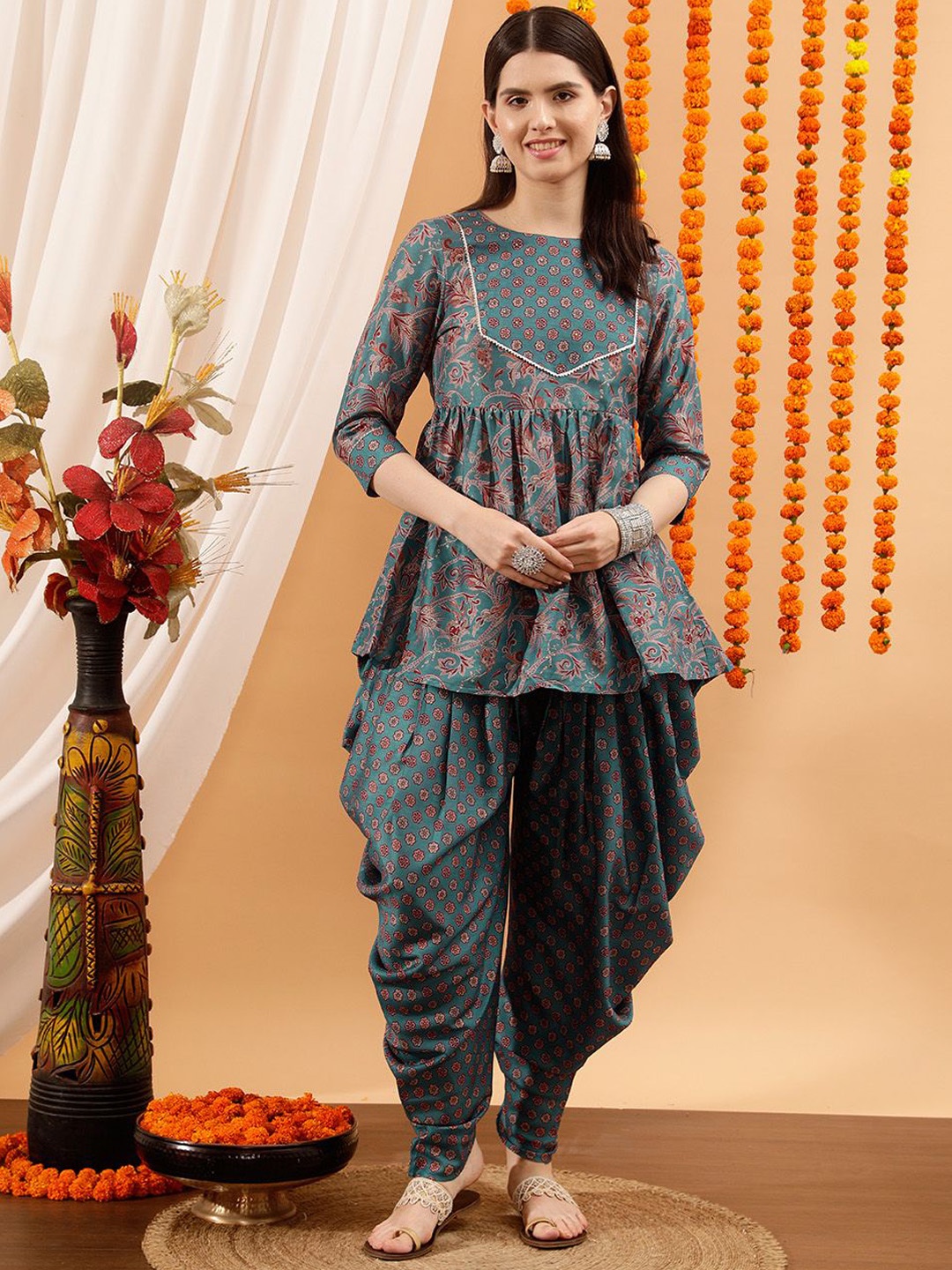 

indo street Women Floral Printed Regular Gotta Patti Kurti with Dhoti Pants, Blue