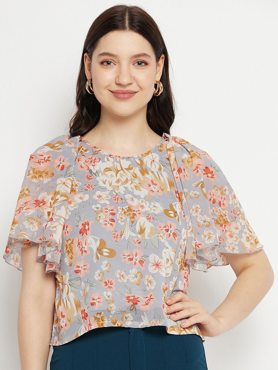 

Bitterlime Women Floral Printed Round Neck Top, Grey