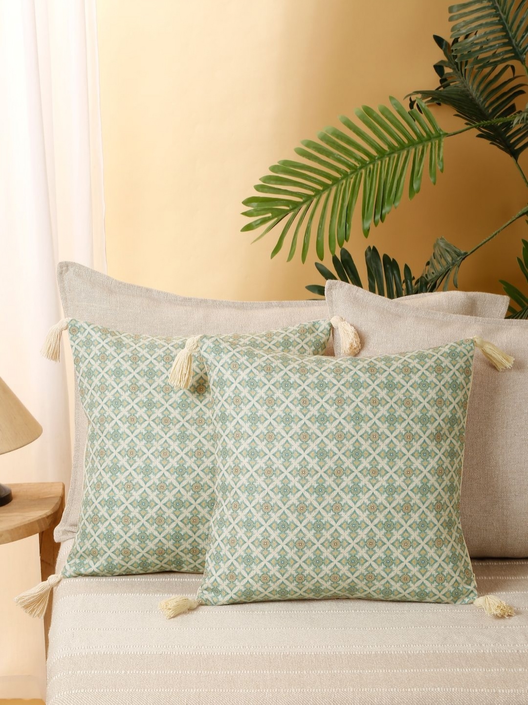 

eyda Sea Green & Beige 2 Pieces Geometric Printed Tasselled Square Cushion Covers