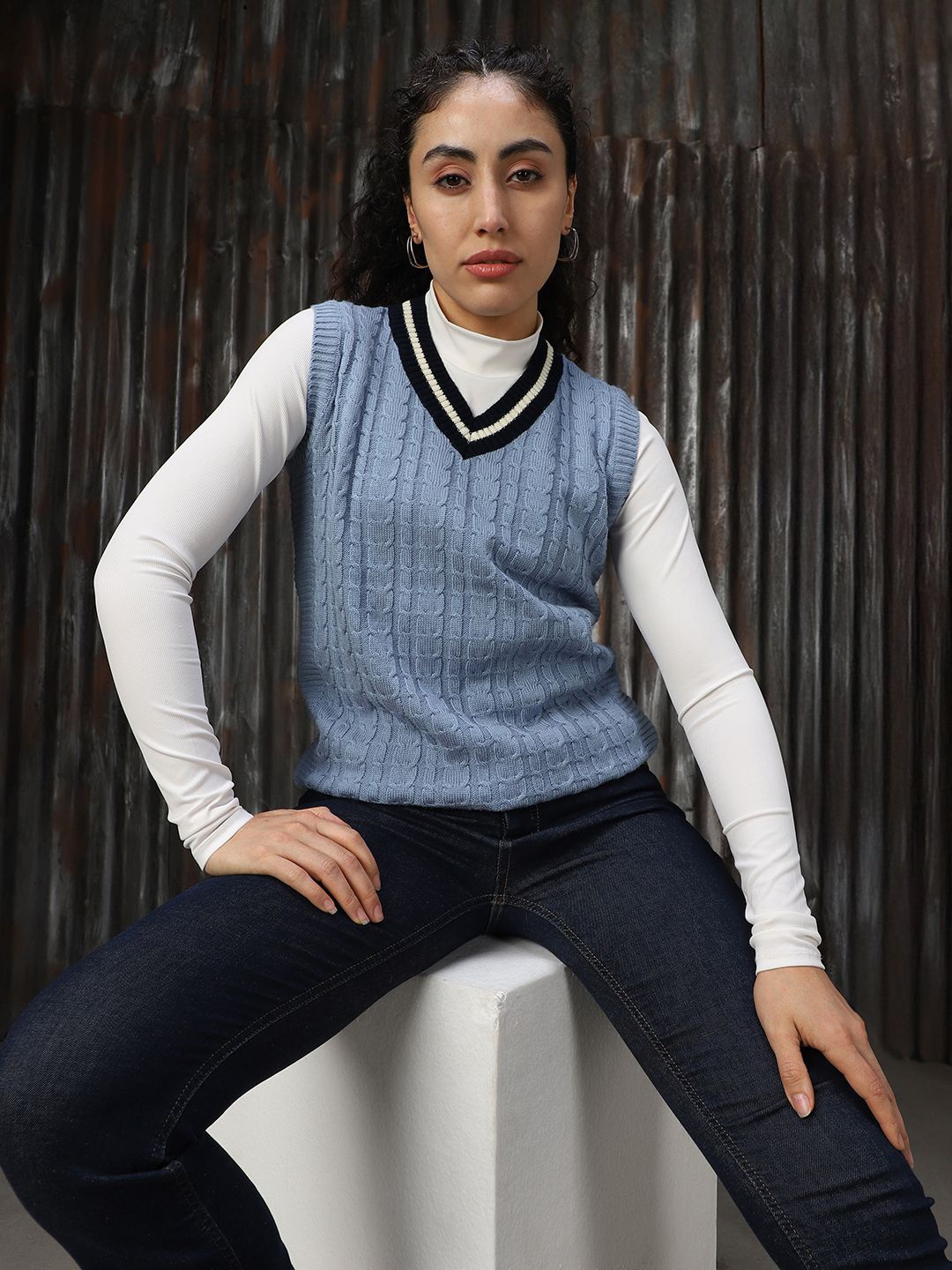 

High Star Women Cable Knit V Neck Varsity Sleeveless Sweater Vest, Blue