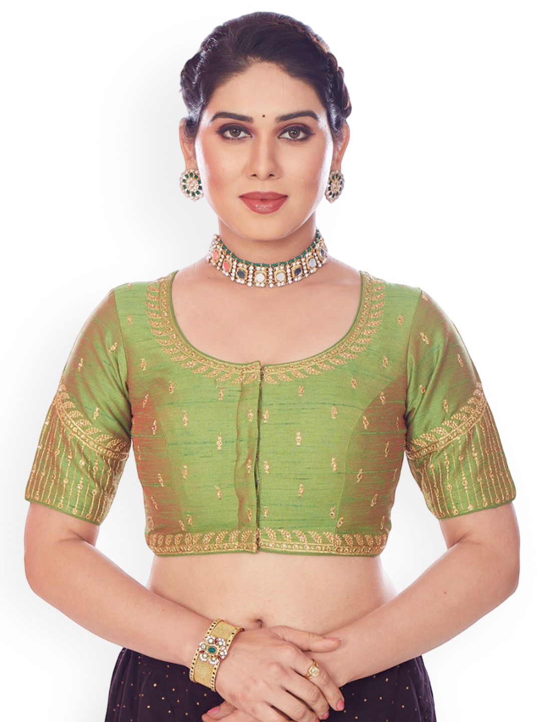 

Mmore Embroidered Round Neck Saree Blouse, Green