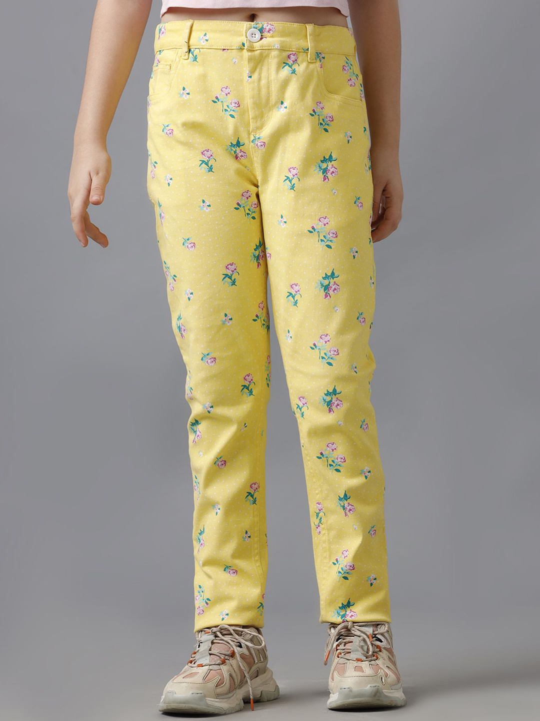 

UNDER FOURTEEN ONLY Girls Floral Printed Slim Fit Trousers, Yellow