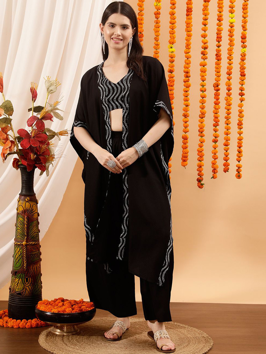 

indo street Embroidered Top & Shrug With Palazzos Co-Ords, Black