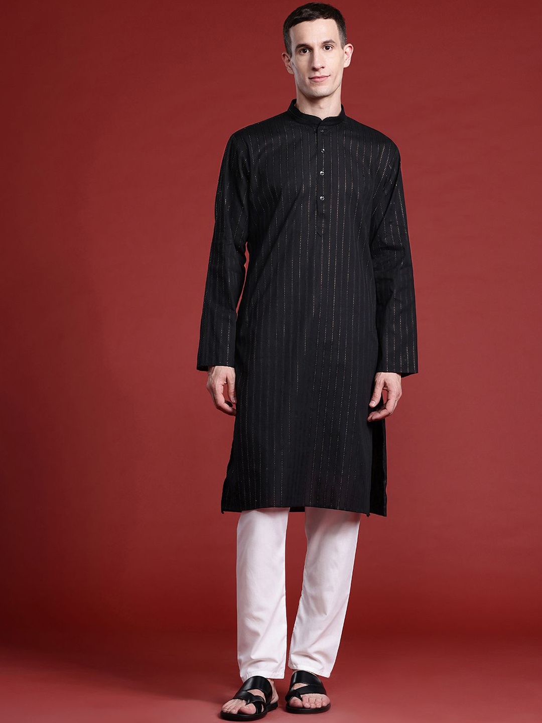 

MANQ Striped Thread Work Mandarin Collar Pure Cotton Straight Kurta, Black