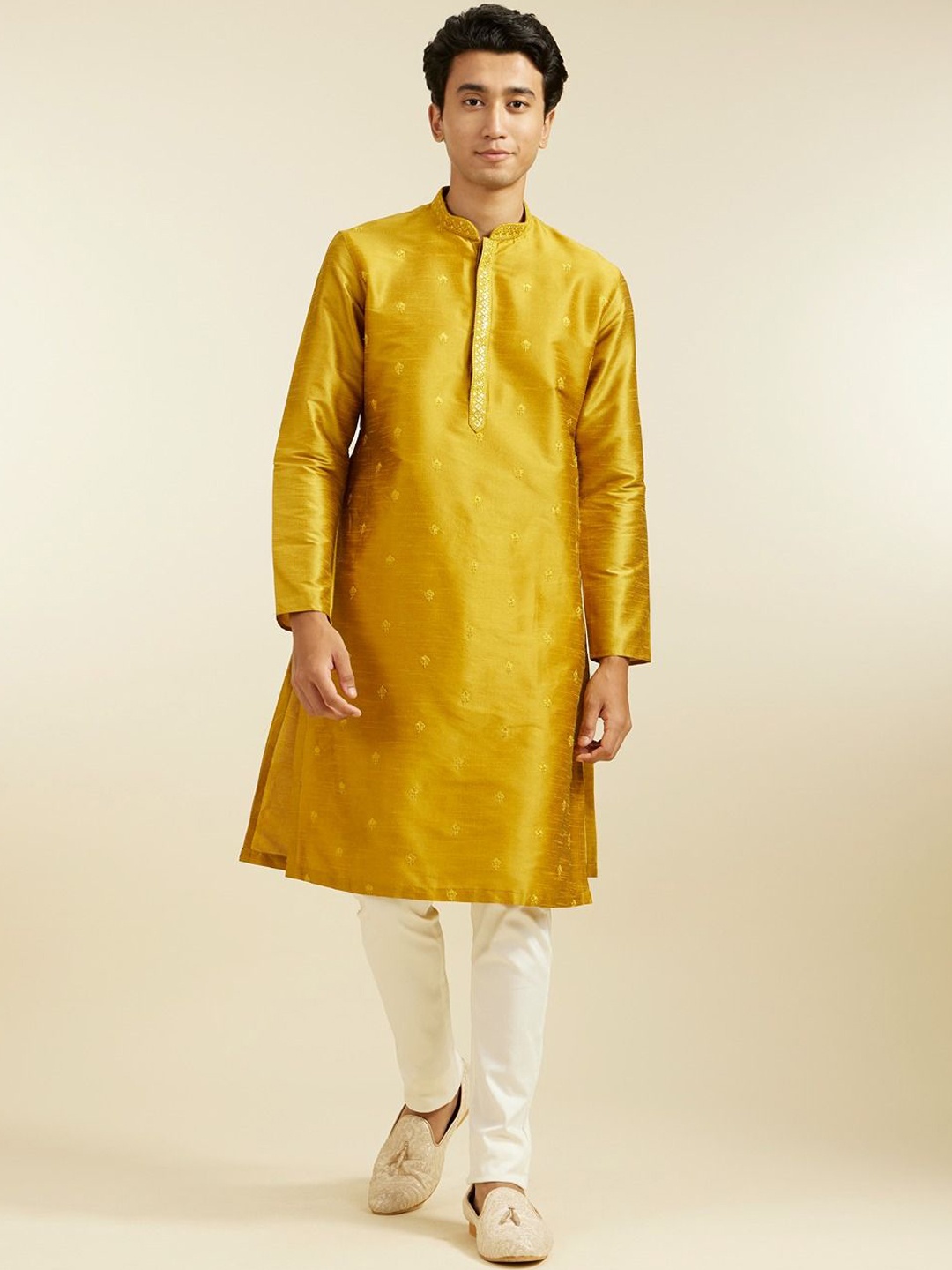 

Diwas by Manyavar Floral Embroidered Thread Work Mandarin Collar Straight Kurta, Mustard