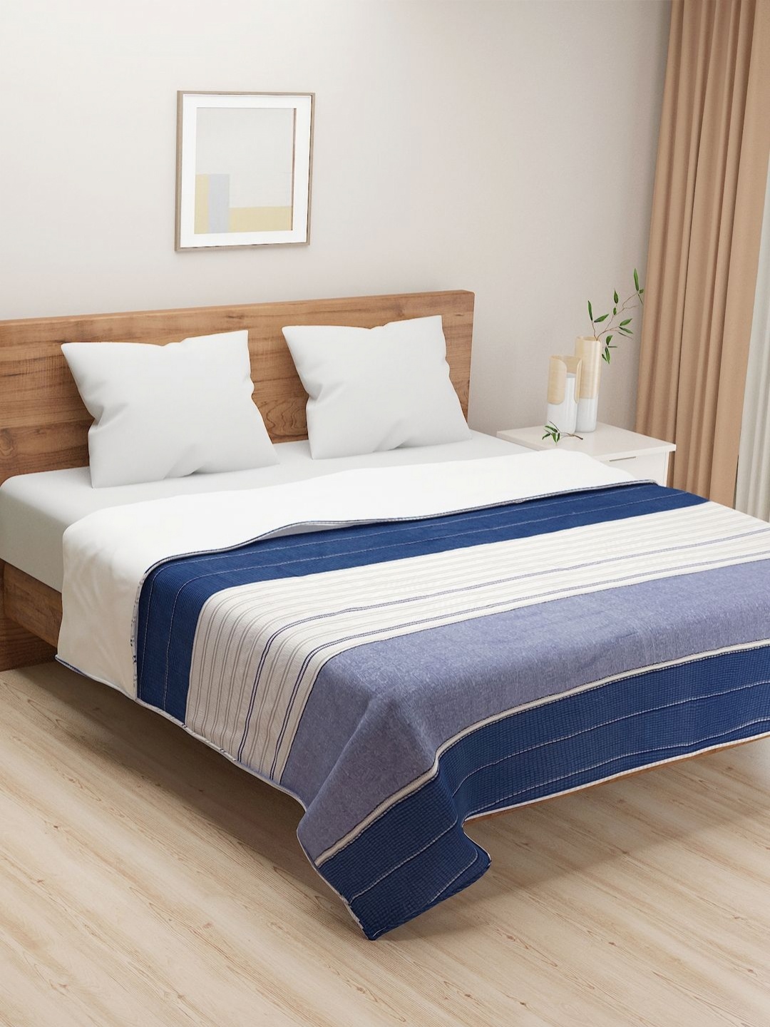 

SWAYAM Grey & Blue Striped AC Room 110 GSM Cotton Double Bed Dohar