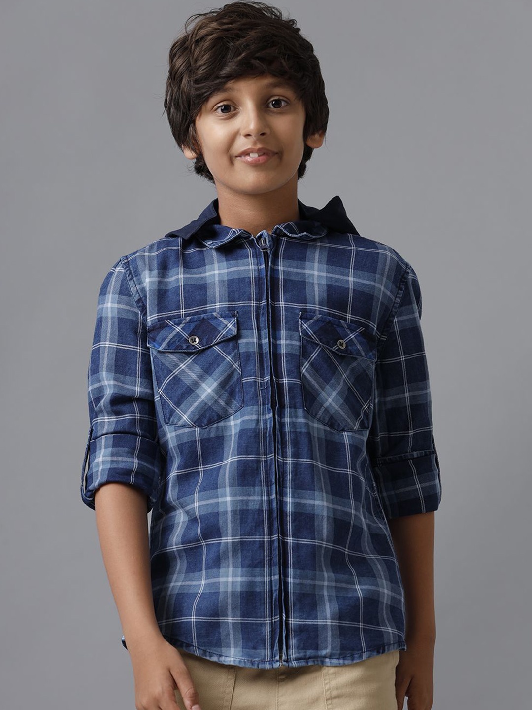 

UNDER FOURTEEN ONLY Boys Hood Tartan Checked Cotton Casual Shirt, Blue