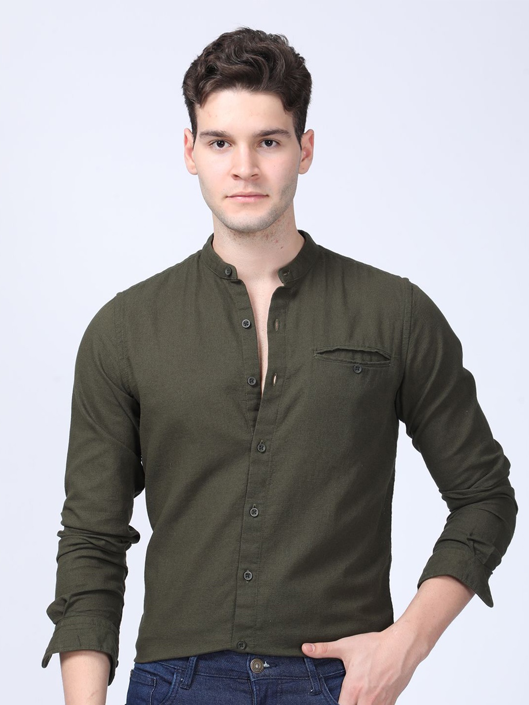 

POE Men Smart Slim Fit Opaque Casual Shirt, Olive