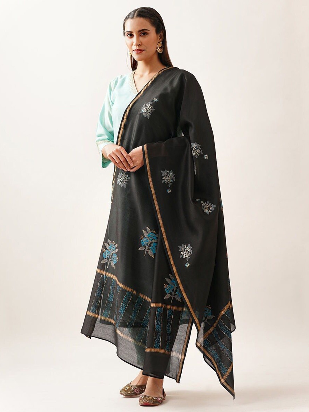 

JAYPORE Printed Cotton Silk Dupatta with Zari, Black