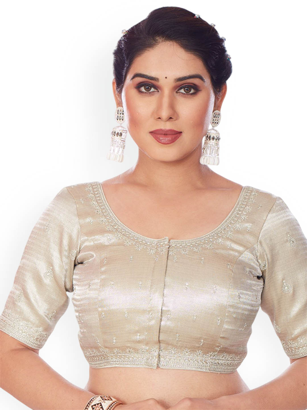 

Mmore Embroidered Padded Saree Blouse, Cream