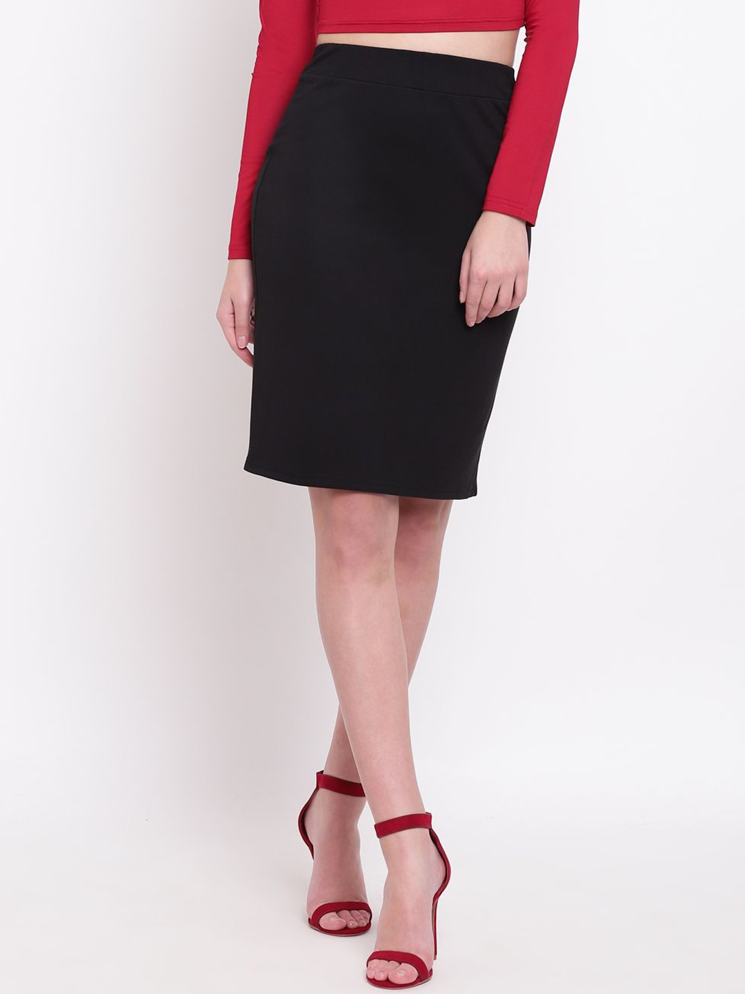 

RIVI Knee-Length Solid Pencil Skirt, Black