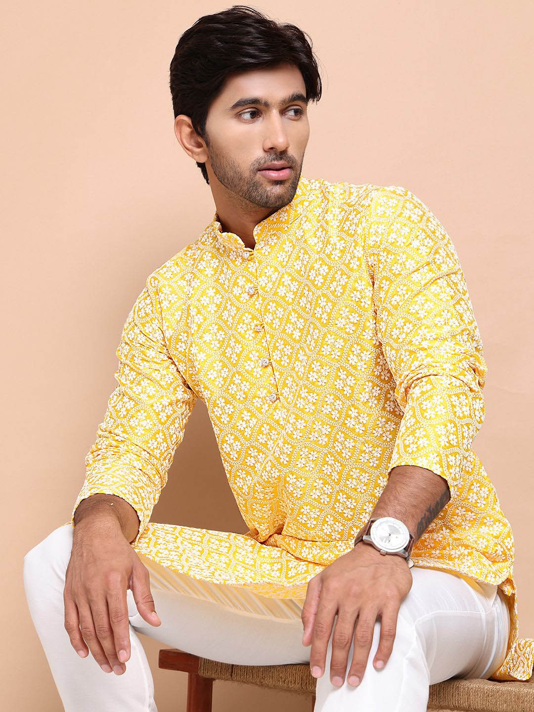

Anouk Men Floral Embroidered Regular Chikankari Kurta with Pyjamas, Mustard