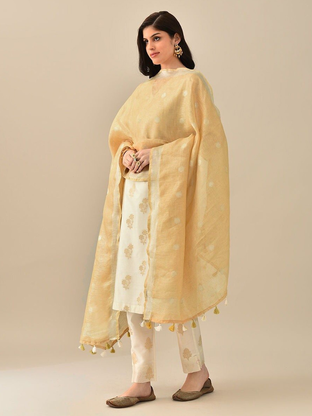 

JAYPORE Woven Design Linen Dupatta, Beige