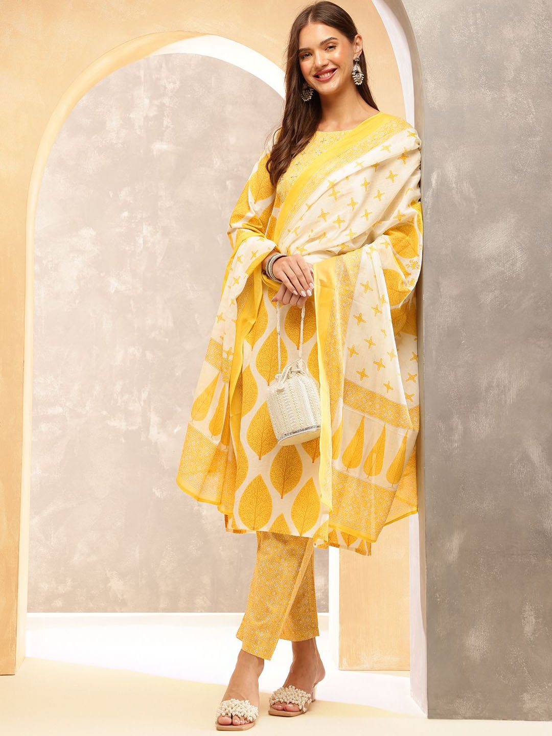 

Anouk Women Ethnic Motifs Printed Regular Sequinned Pure Cotton Kurta with Trousers & With Dupatta, Yellow