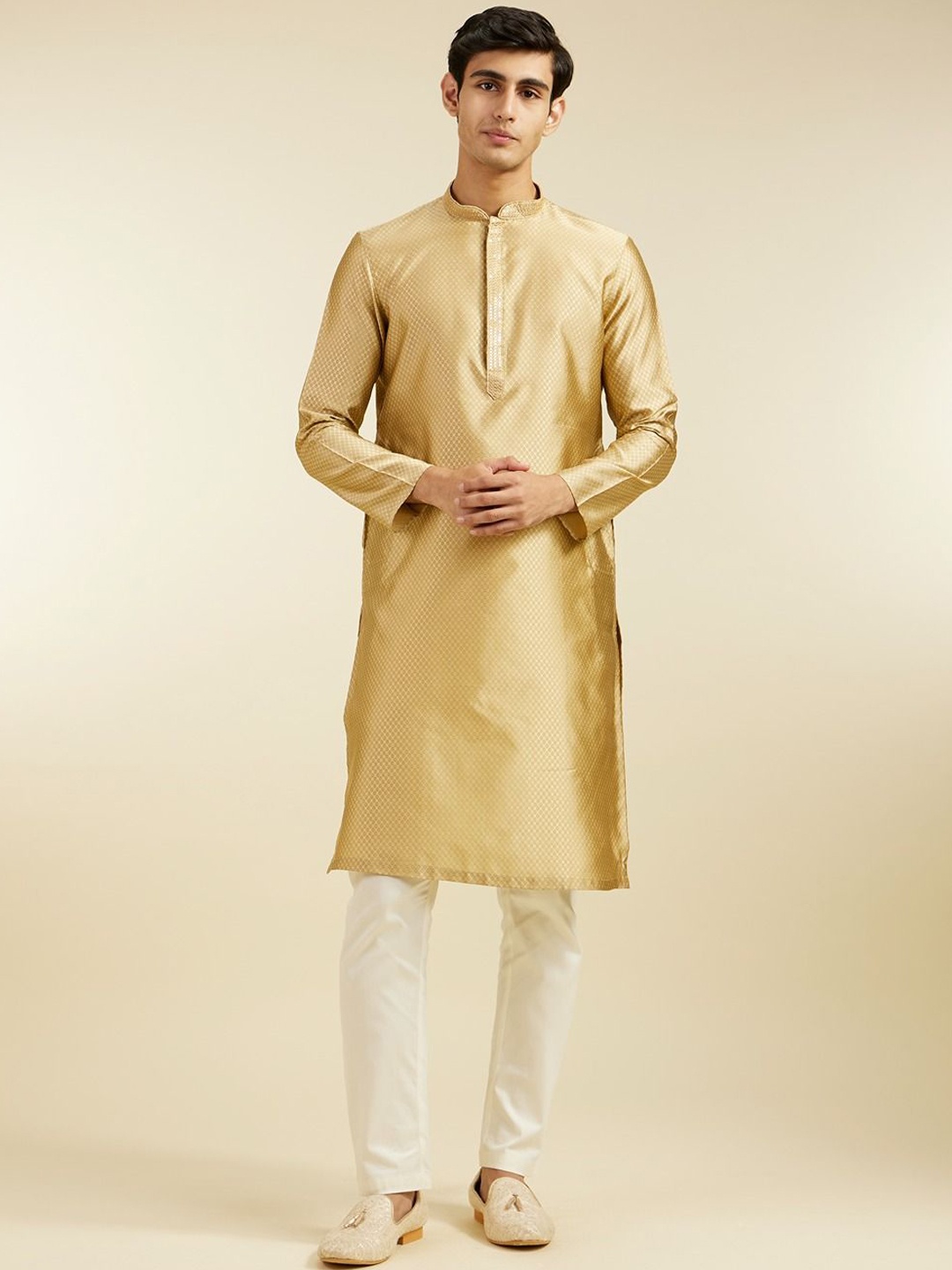 

Diwas by Manyavar Ethnic Motifs Woven Design Mandarin Collar Thread Work Art Silk Kurta, Brown