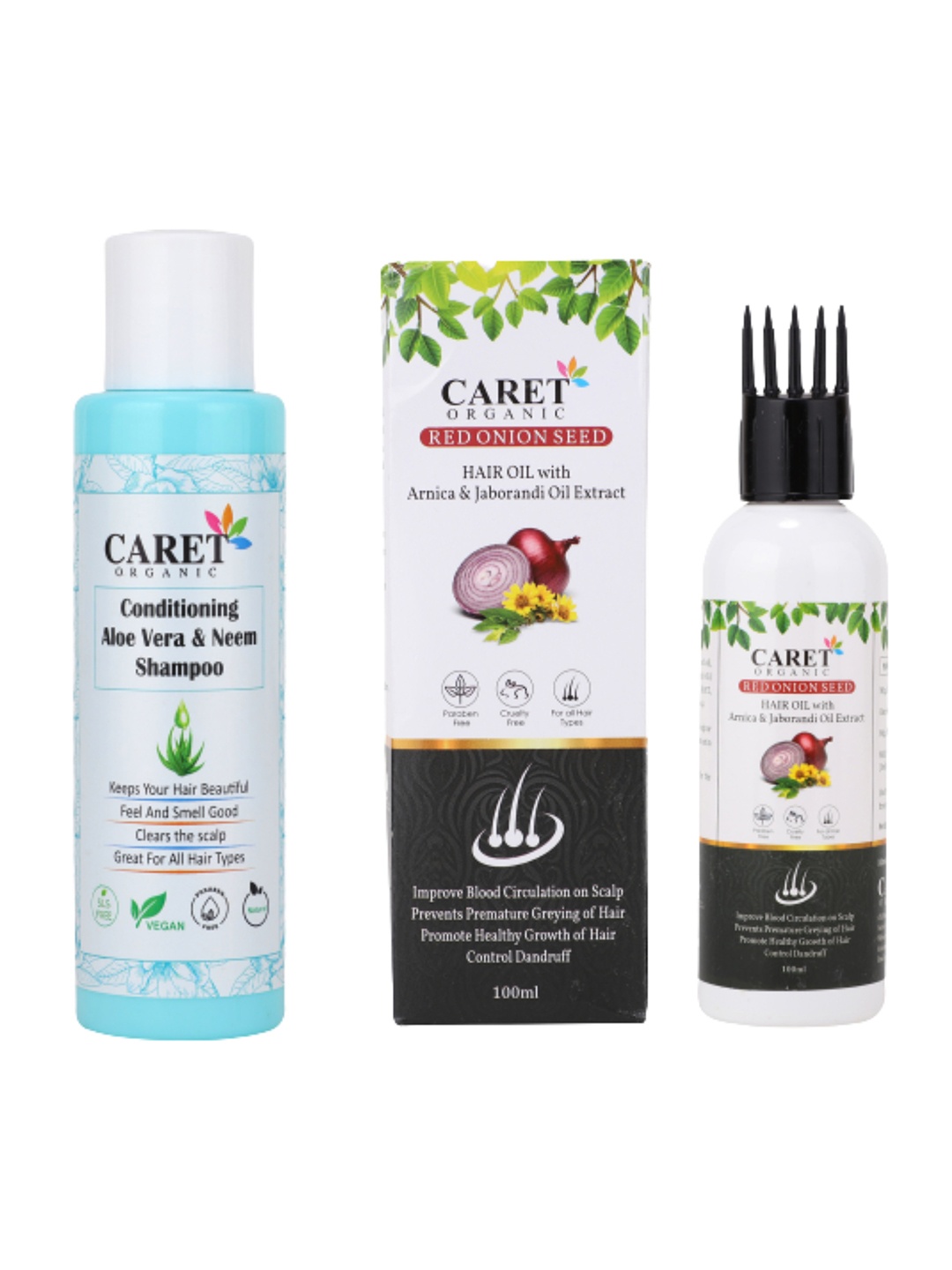 

CARET ORGANIC Aloevera & Neem Shampoo & Red Onion Seed Hair Oil Combo-100g Each, White