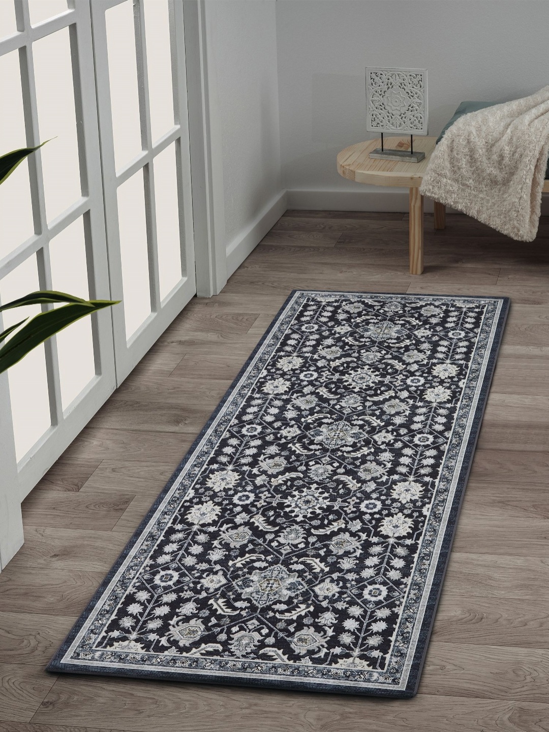 

OBSESSIONS Charcoal-Black & Grey Ethnic Motifs Rectangular Bedside Runners