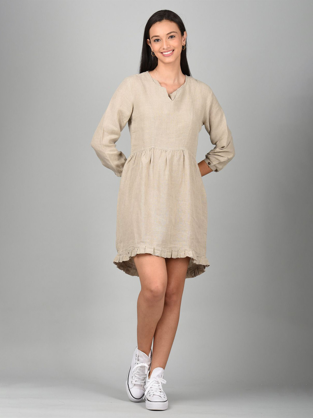 

Linen Options Women Solid Fit & Flare Dress, Beige