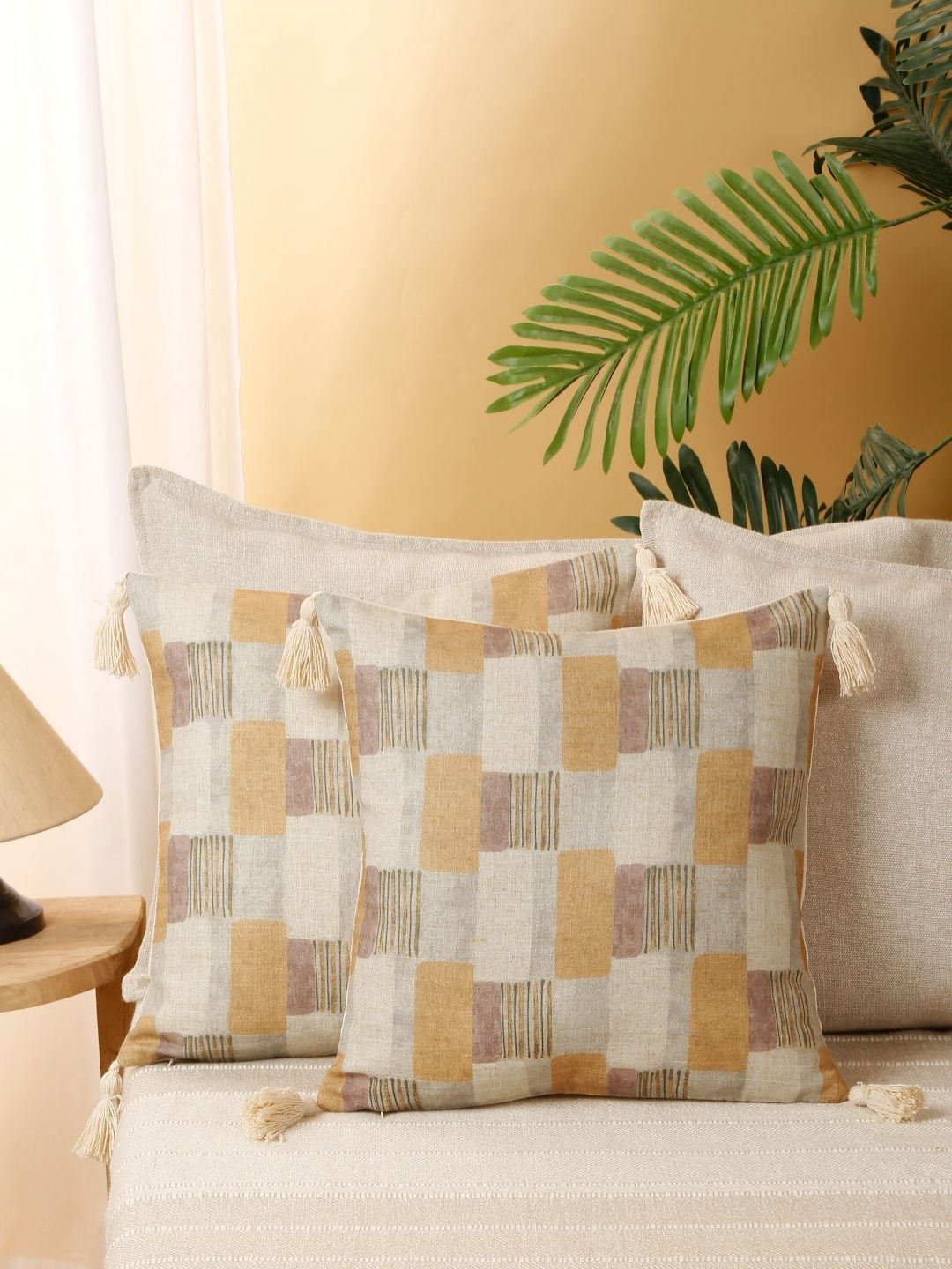 

eyda Off White & Brown 2 Pieces Bohemian Printed Tasselled Cushion Covers