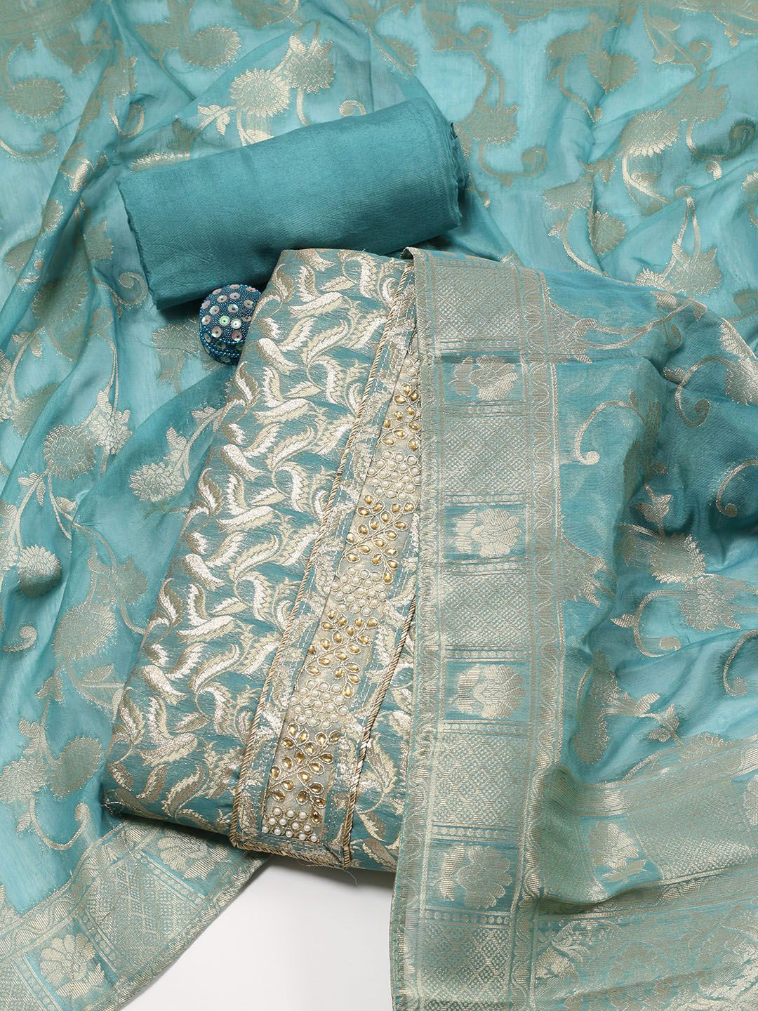 

Meena Bazaar Art Silk Unstitched Dress Material, Sea green