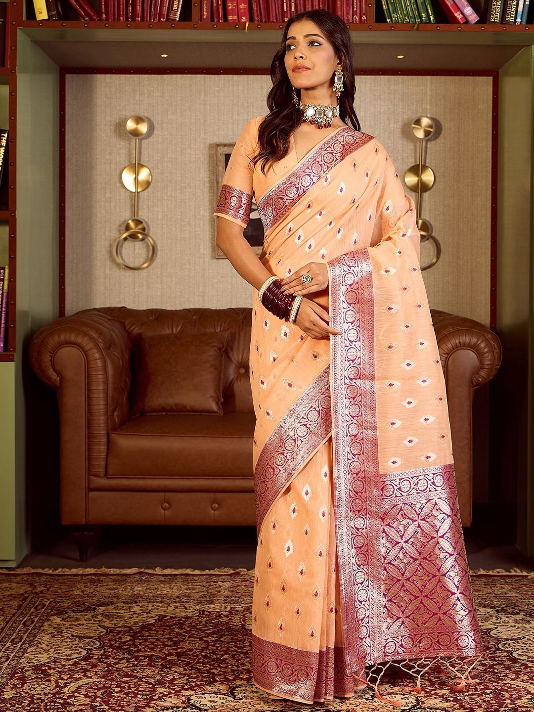 

Sangria Woven Design Banarasi Saree With Blouse Piece, Peach