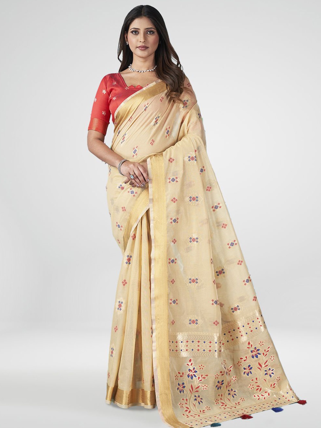 

SARHA Floral Zari Pure Cotton Saree, Beige