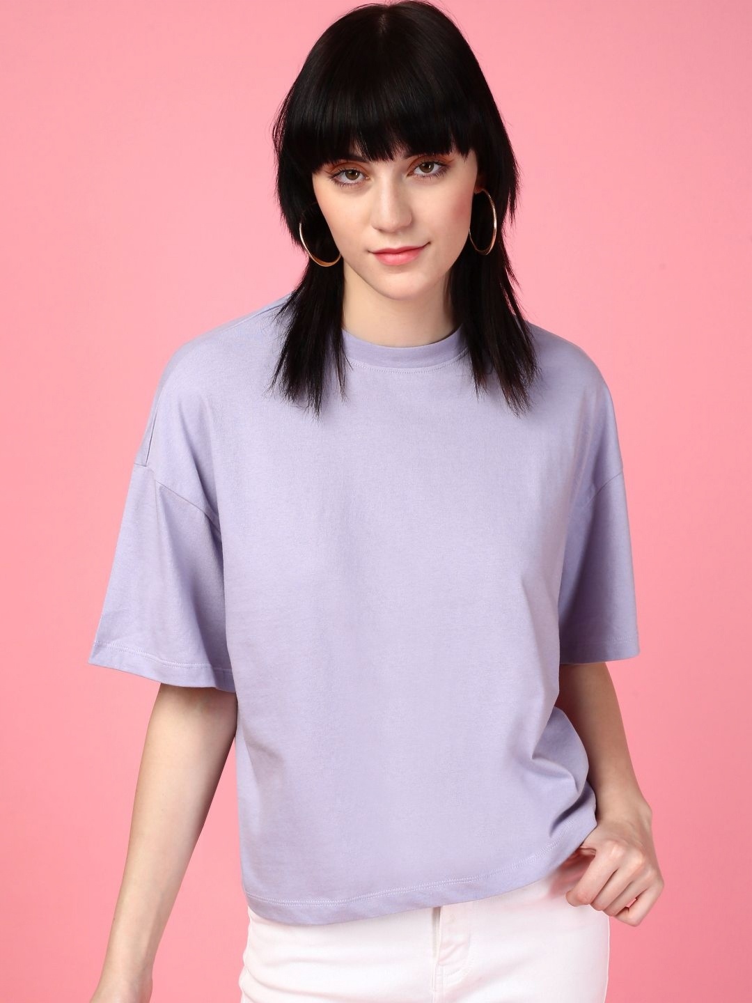 

DressBerry Women Solid Round Neck Cotton Boxy T-shirt, Purple