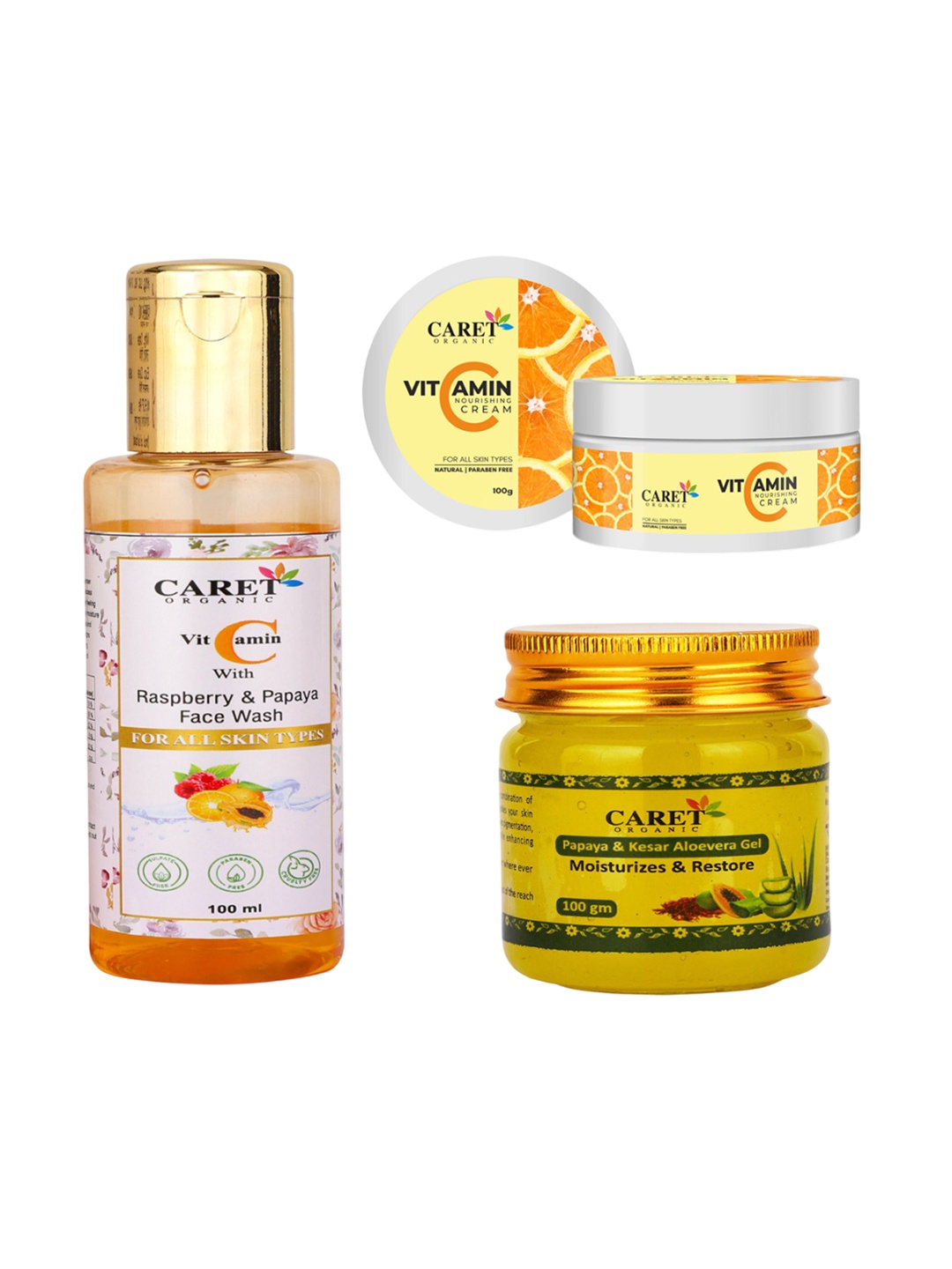 

CARET ORGANIC Set Of 3 Papaya Face Wash- 100ml- Nourishing Cream-50g & Gel- 100g, White