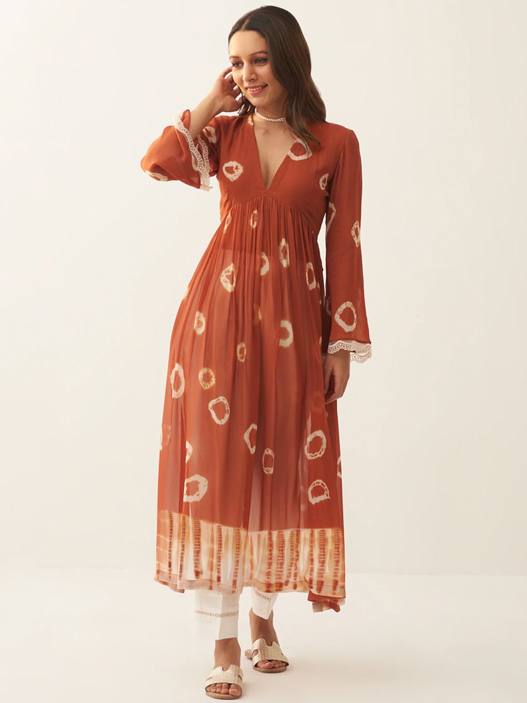 

KALINI Women Printed Pleated Kurta with Palazzos, Coral