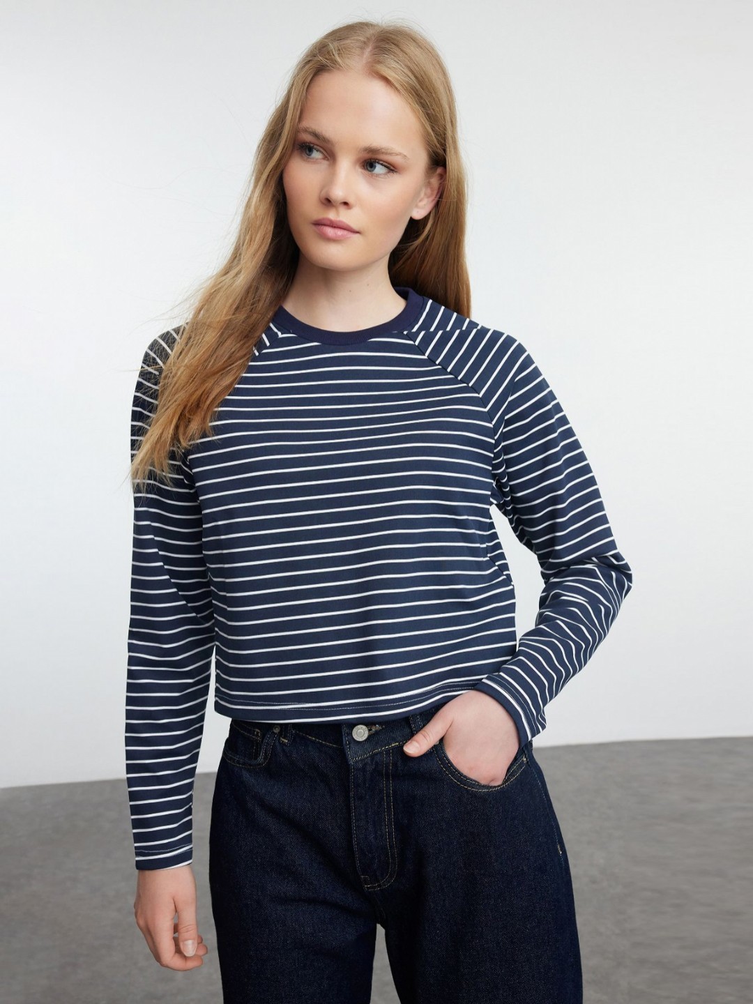 

Trendyol Women Striped Drop-Shoulder Sleeves Cut Outs T-shirt, Na