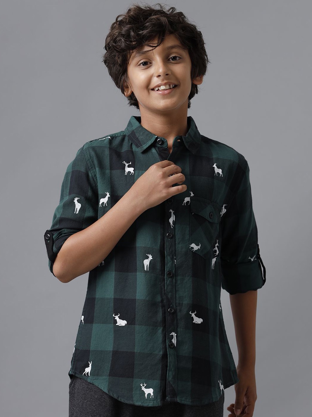 

UNDER FOURTEEN ONLY Boys Spread Collar Buffalo Checked Cotton Casual Shirt, Green