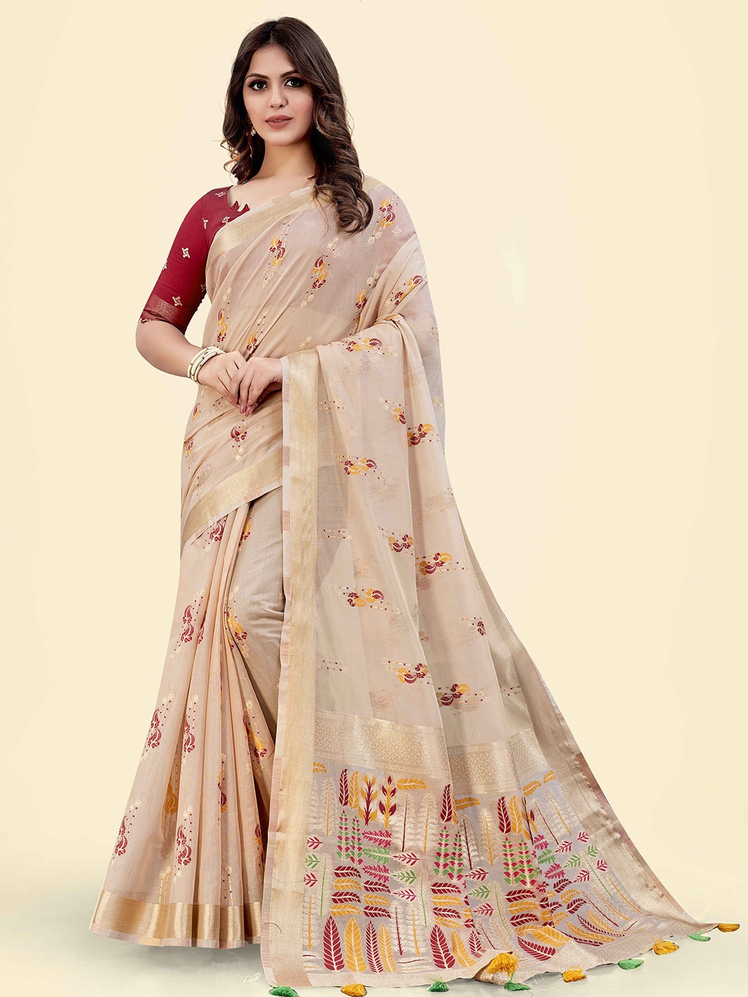 

SARHA Woven Design Zari Pure Cotton Saree, Beige