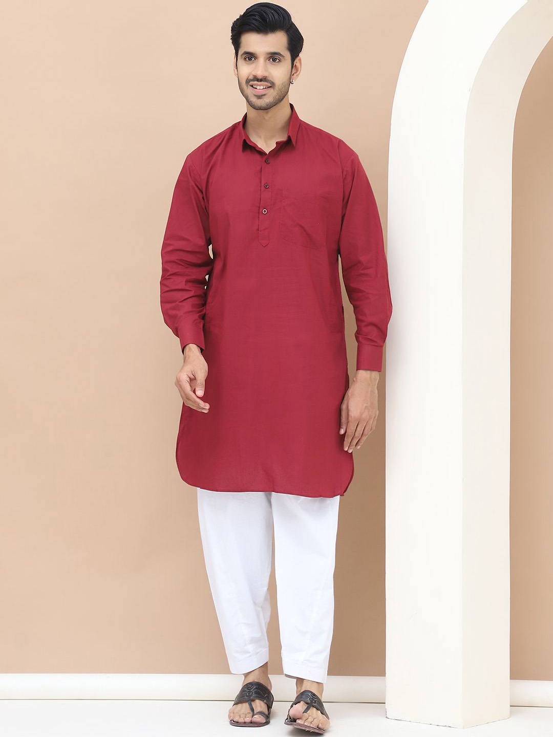 

TAG 7 Shirt Collar Regular Pure Cotton Pathani Kurta With Salwar, Maroon