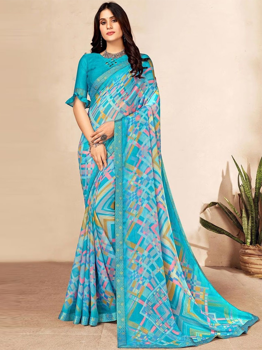 

Reboot Fashions Checked Zari Pure Georgette Saree, Blue