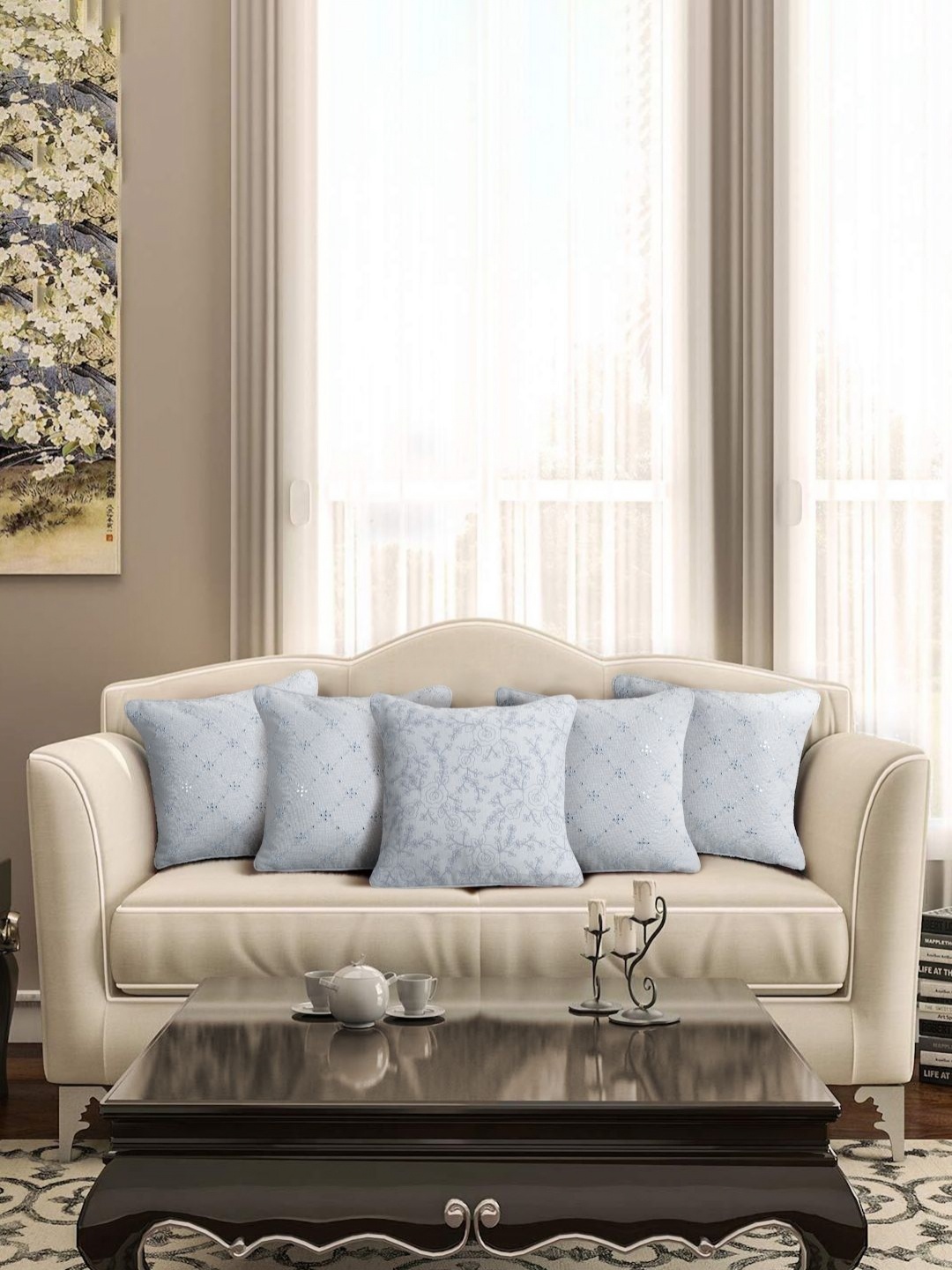 

eyda Turquoise Blue 5 Pieces Floral Embroidered Cushion Covers