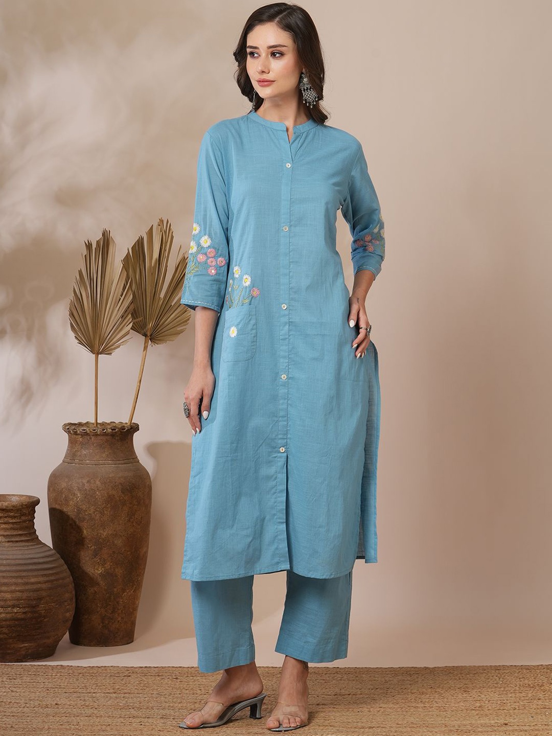 

FASHOR Embroidered Tunic with Trousers Co-Ords, Blue