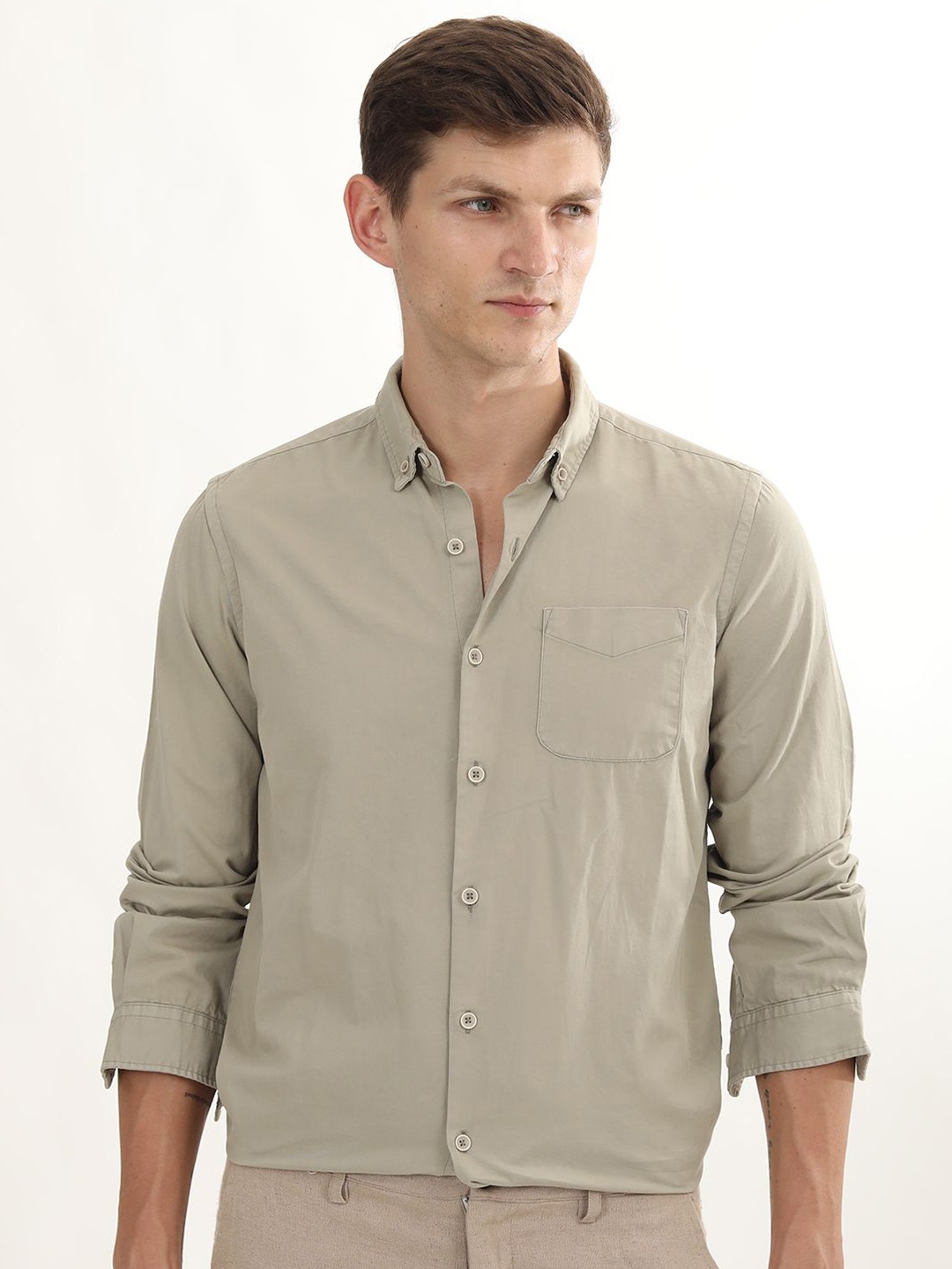 

POE Men Smart Slim Fit Opaque Casual Shirt, Green
