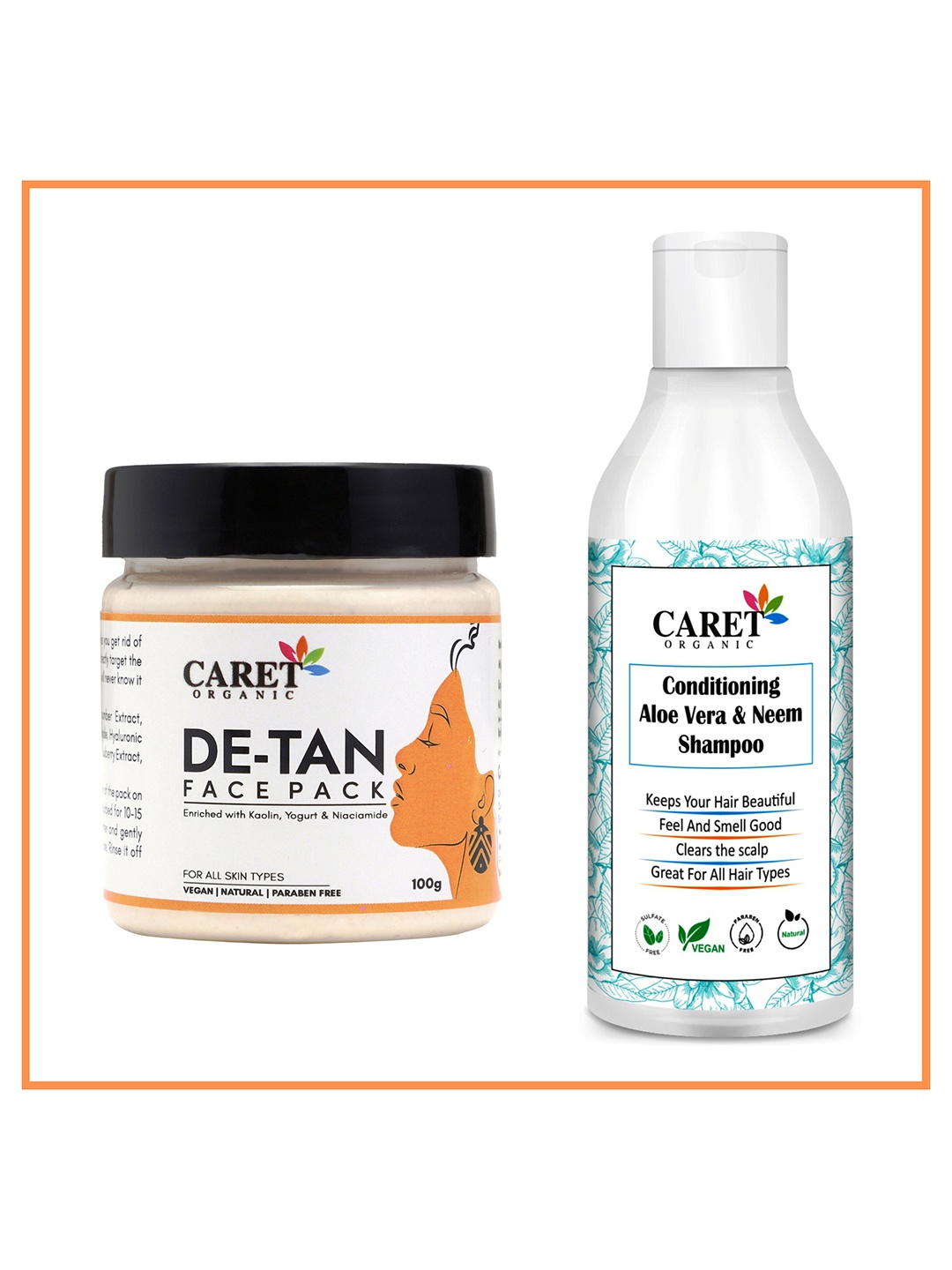 

CARET ORGANIC Aloe vera & Neem Shampoo-200ml & De Tan Face Pack Combo-100 g, White