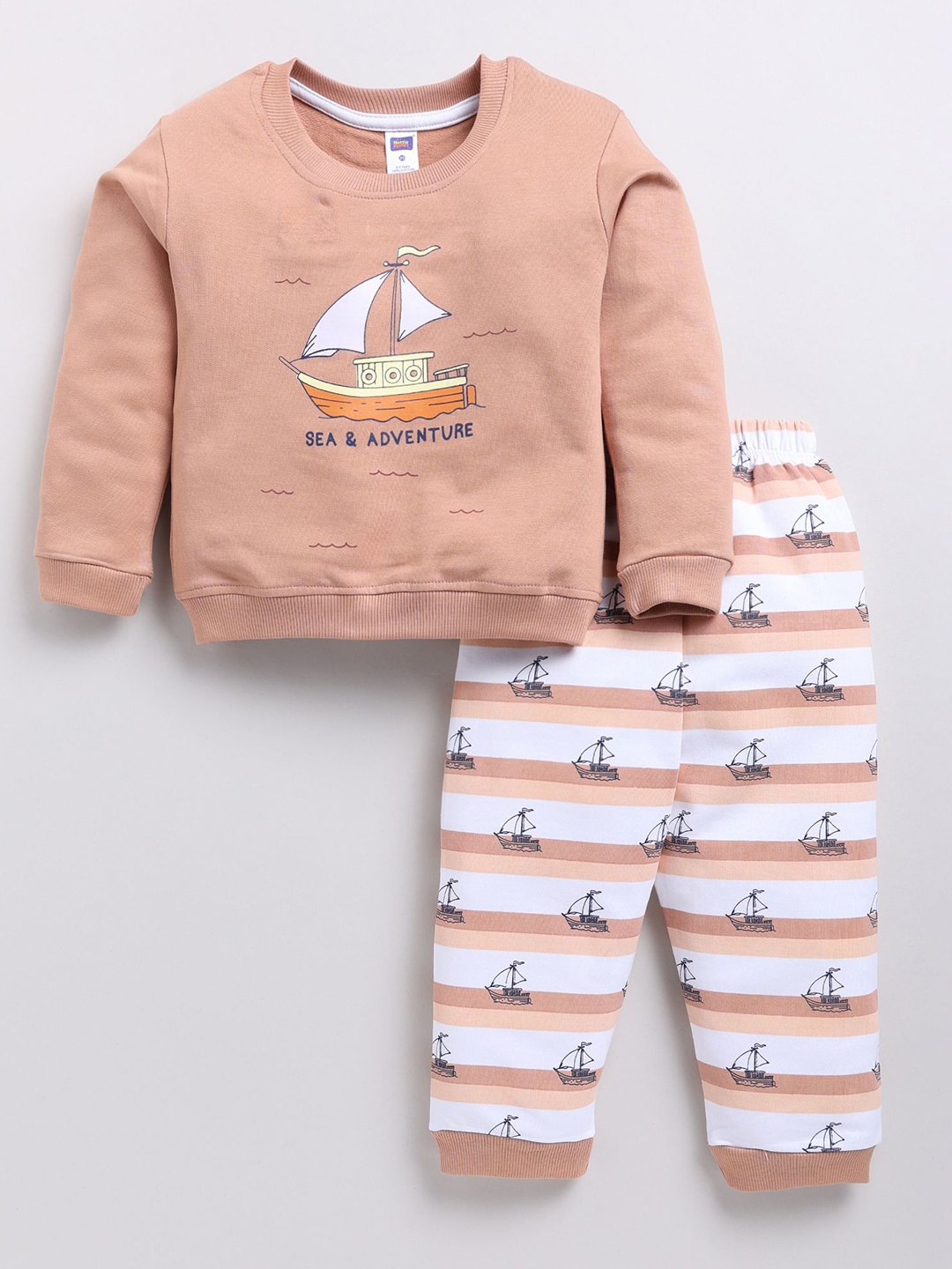 

Nottie Planet Boys Printed Round Neck Pure Cotton Sweatshirt with Joggers, Peach