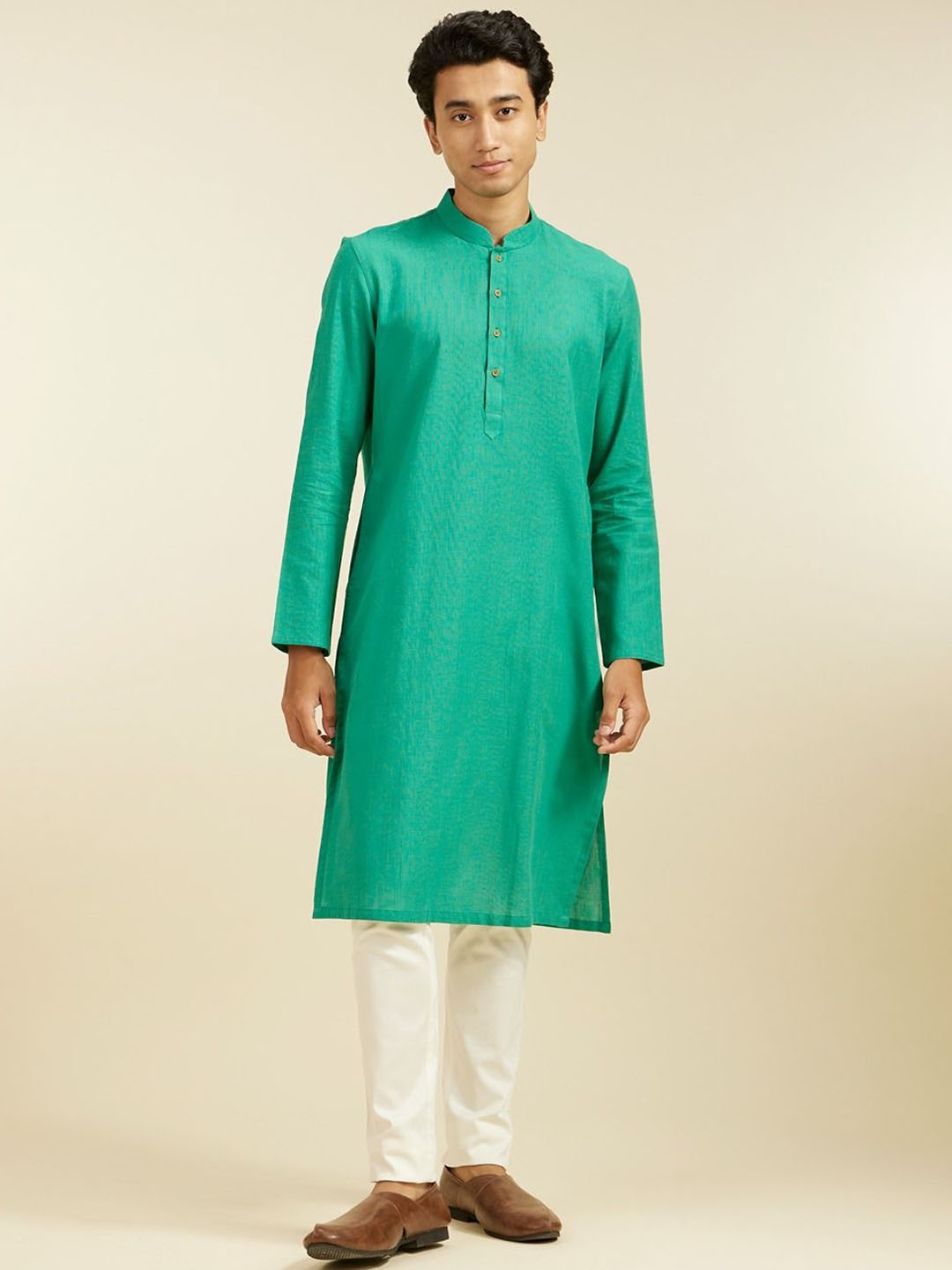 

Diwas by Manyavar Mandarin Collar Cotton Straight Kurta, Green