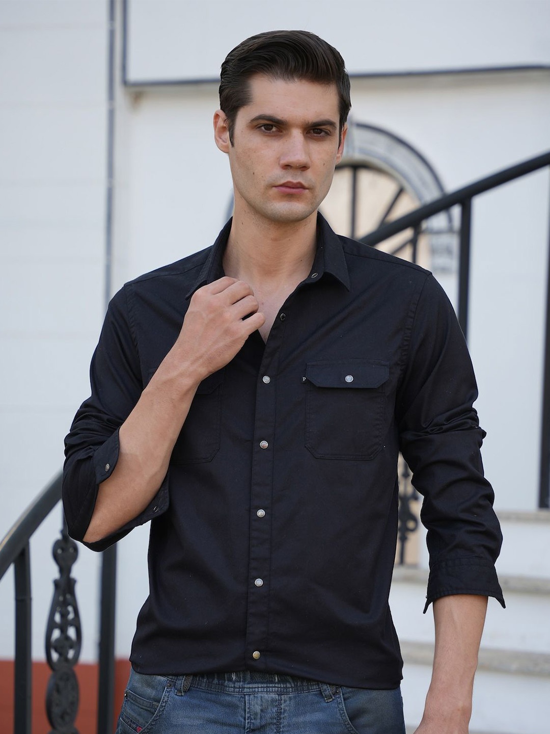 

POE Men Smart Slim Fit Opaque Casual Shirt, Black