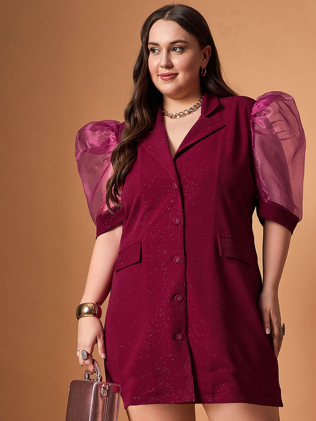 

SASSAFRAS Curve Puff Sleeve Dress, Maroon