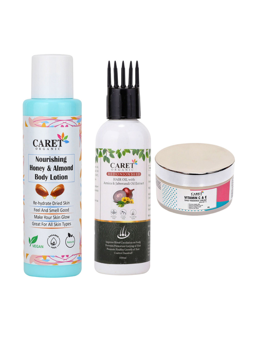 

CARET ORGANIC Honey & Almond Body Lotion Radiance Cream & Red Onion Seed Hair Oil Combo, White