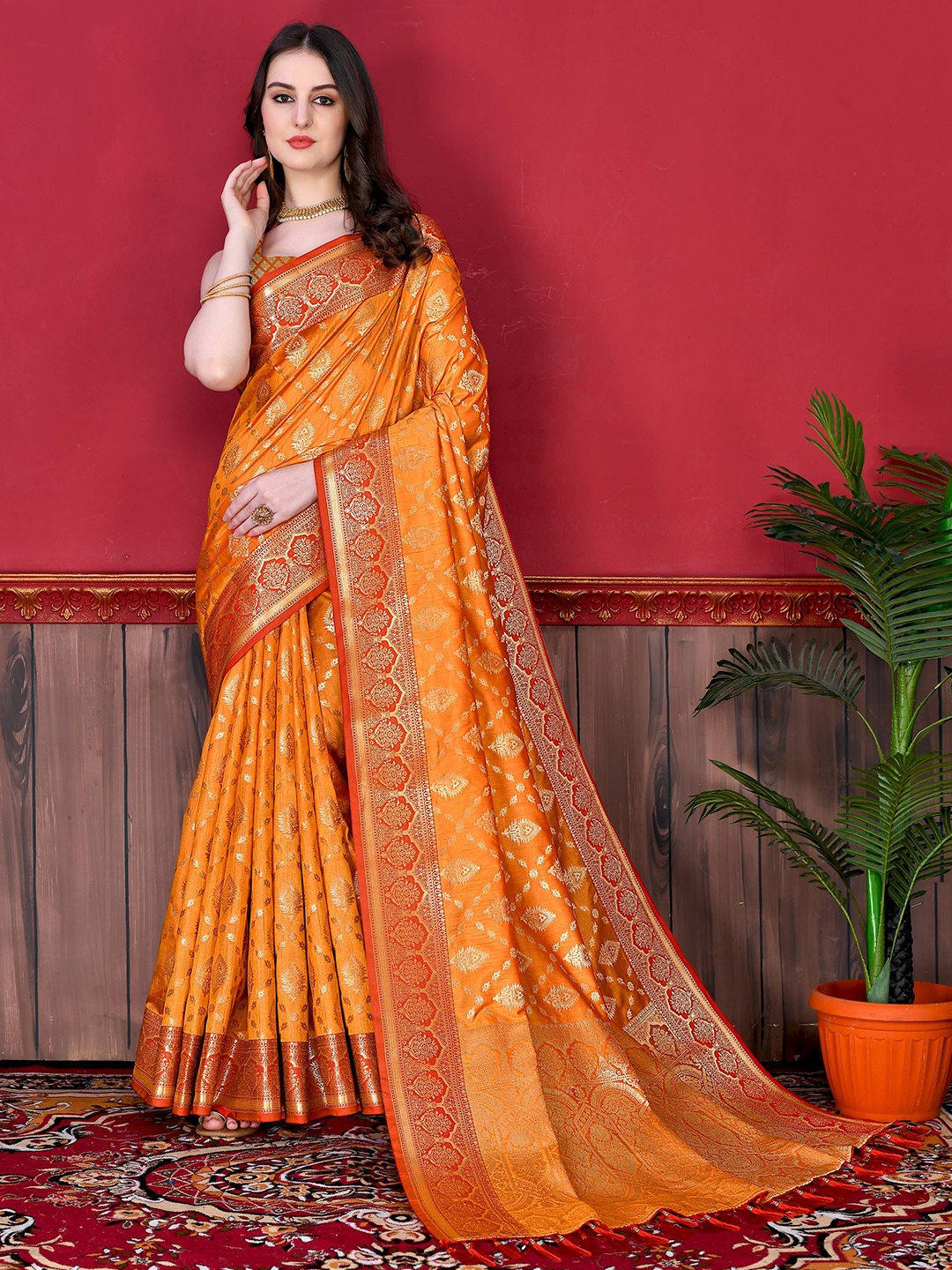 

Zeekha Woven Design Zari Pure Silk Kanjeevaram Saree, Orange